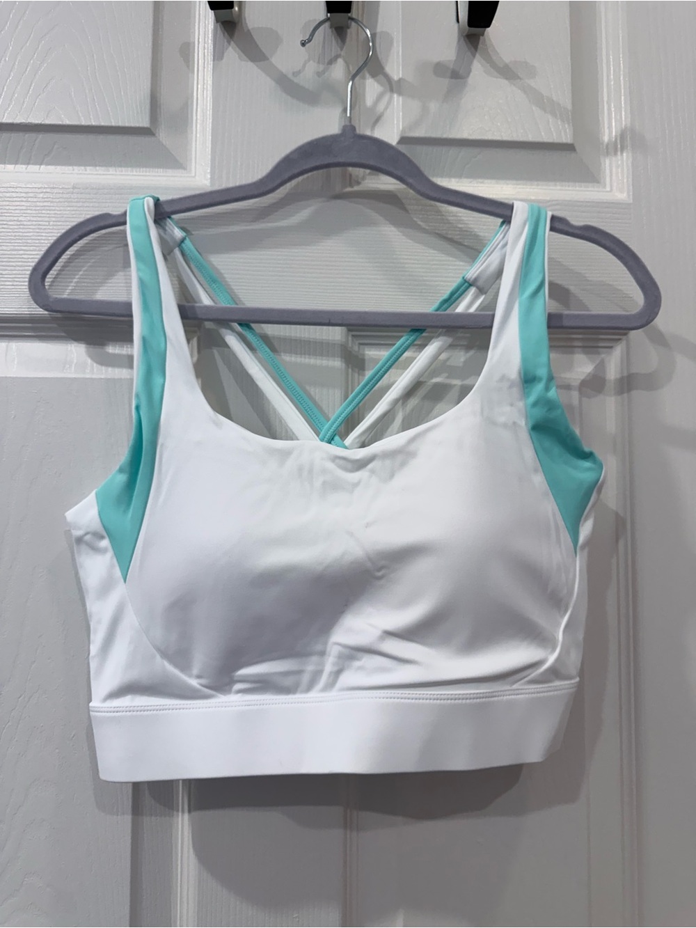 White and Aqua Crisscross Low-Impact Sports Bralette